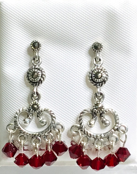 Earring - Post - Marcasite Chandelier with Red Crystals