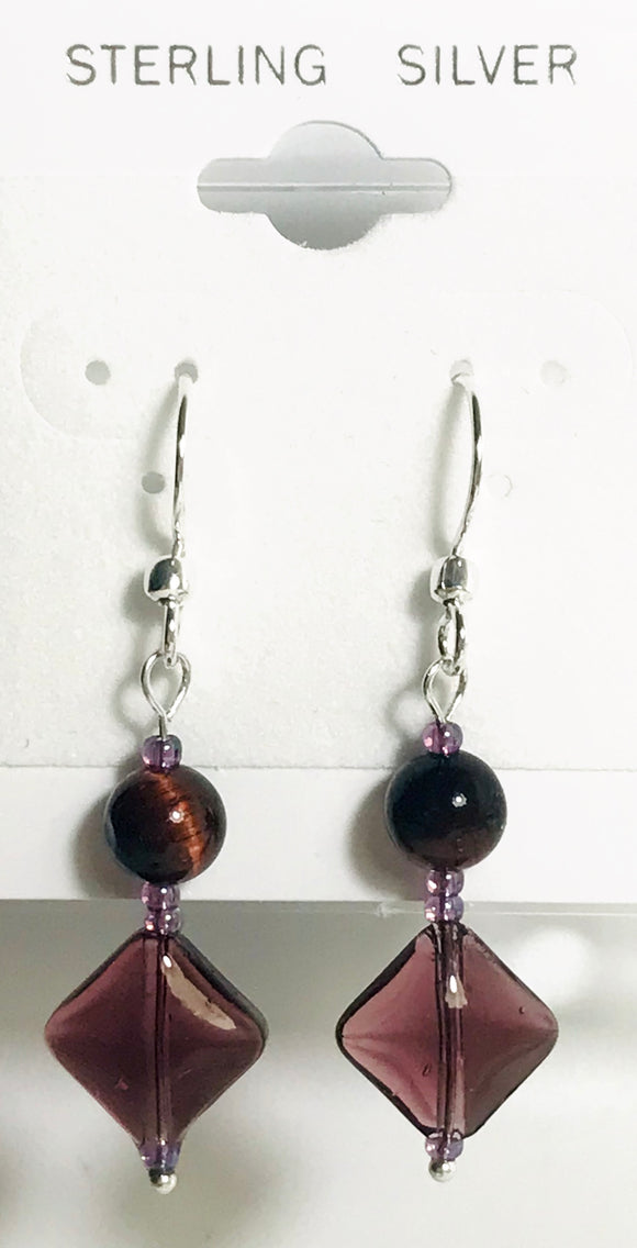 Earring - Purple Pressed Glass & Red Tigereye
