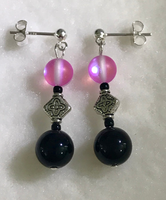 Earring - Pink Spectrolite & Black Jasper