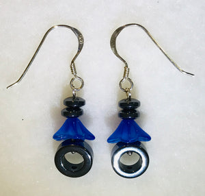 Earring - Hematite & Blue Bell